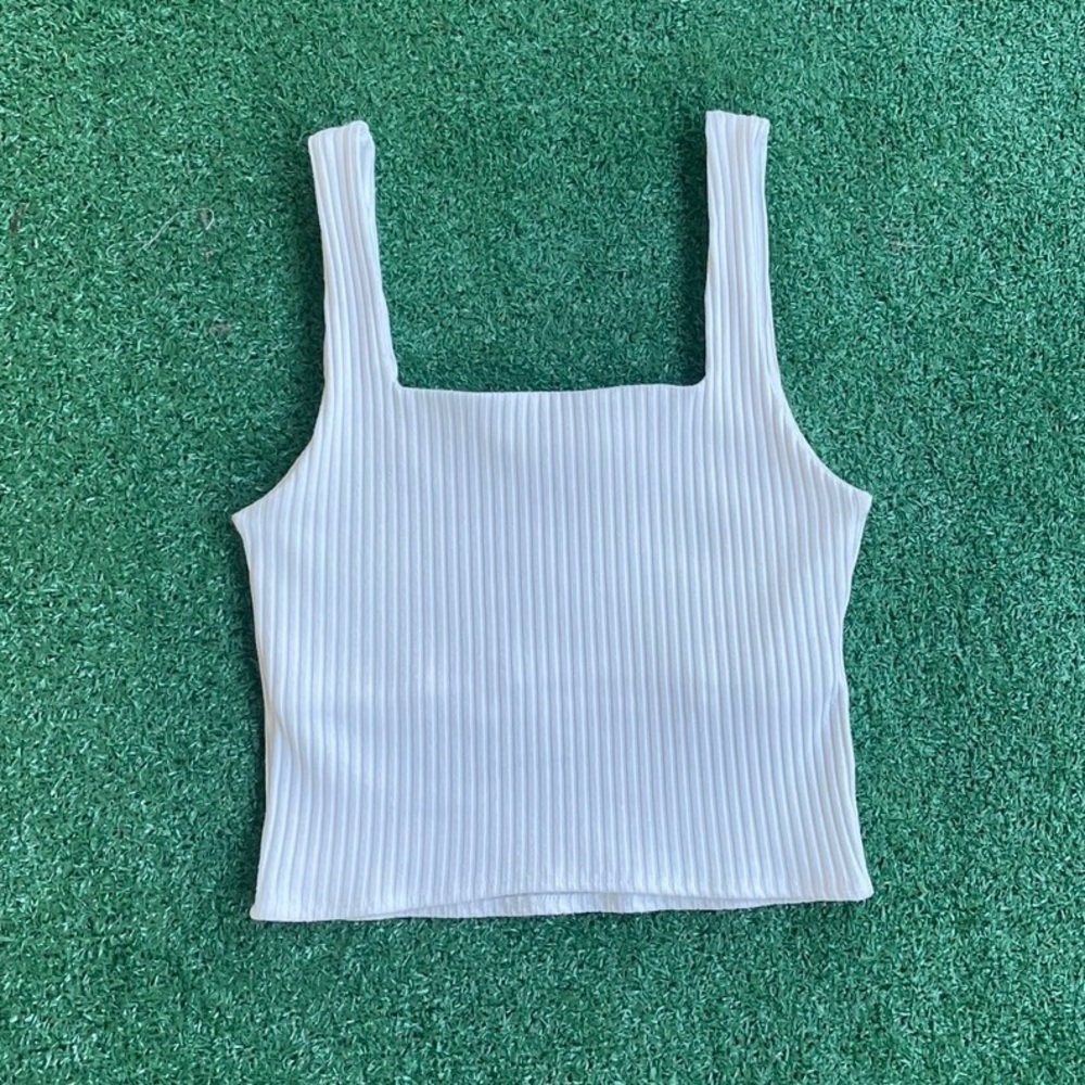 Mango White Rib-Knit Square-Neck Crop Tank - Picture 2 of 5